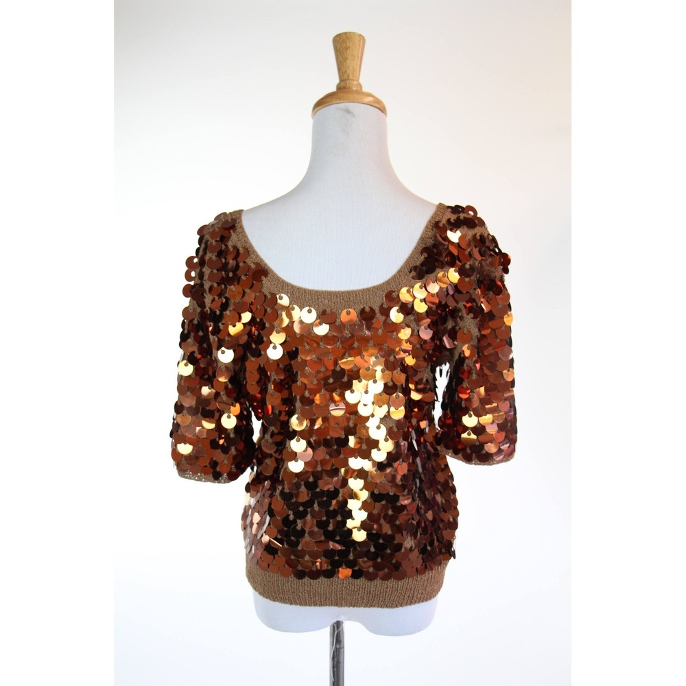 GLAM Vintage 1960s Sweater Glam Beige Sequins Knit Beaded Size S M